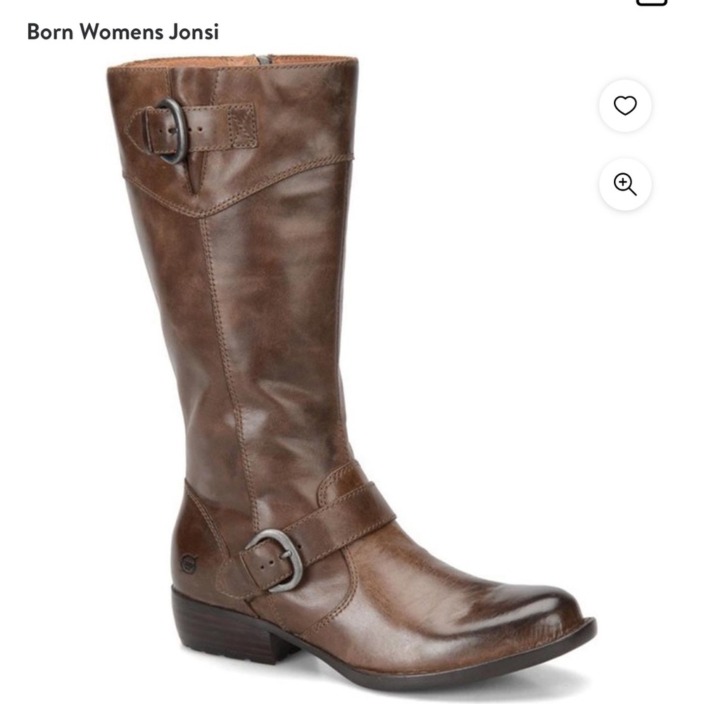 BORN Jonsi Brown Leather Heel Moto Biker Mid Calf Boots women size 6.5
